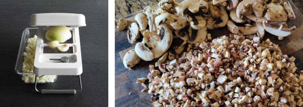 Tip: I used one of my favorite kitchen tools, my William – Sonoma's chopper to get perfectly diced mushrooms and onions.