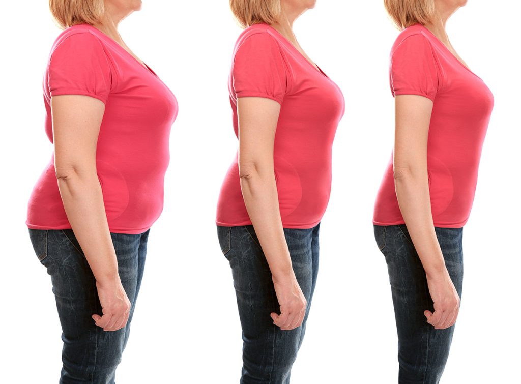 A woman wearing a red shirt showing weight loss progression