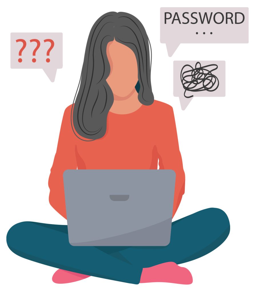 Vector graphic of an older woman on her laptop trying to remember her password