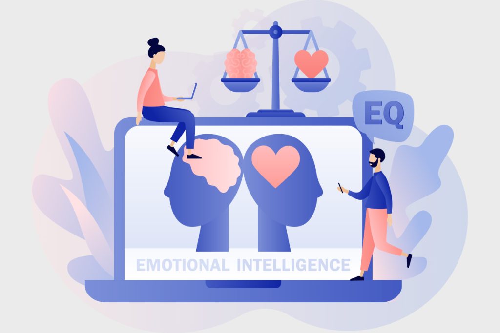 Vector graphic of a woman sitting on a huge laptop, a man next to it. Two heads with a brain and heart in eachm respectively. A scale on top of the laptop with a brain and heart on each side, respectively. 