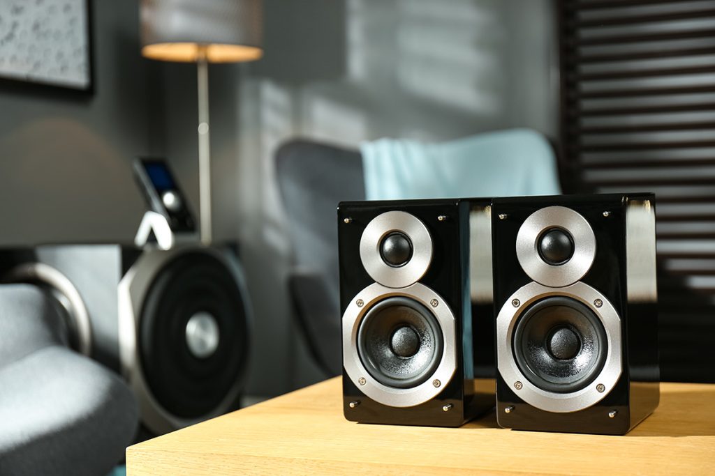 Black audio speakers in the living room