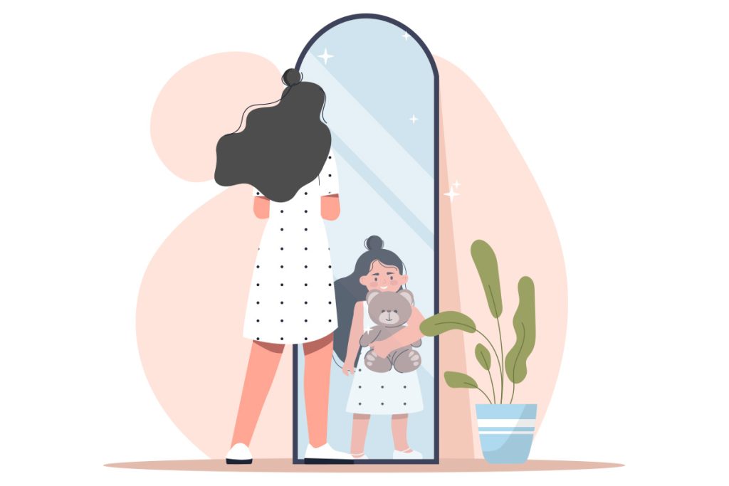 Illustration of woman standing next to mirror and sees reflection of little girl with teddy bear in her hands.