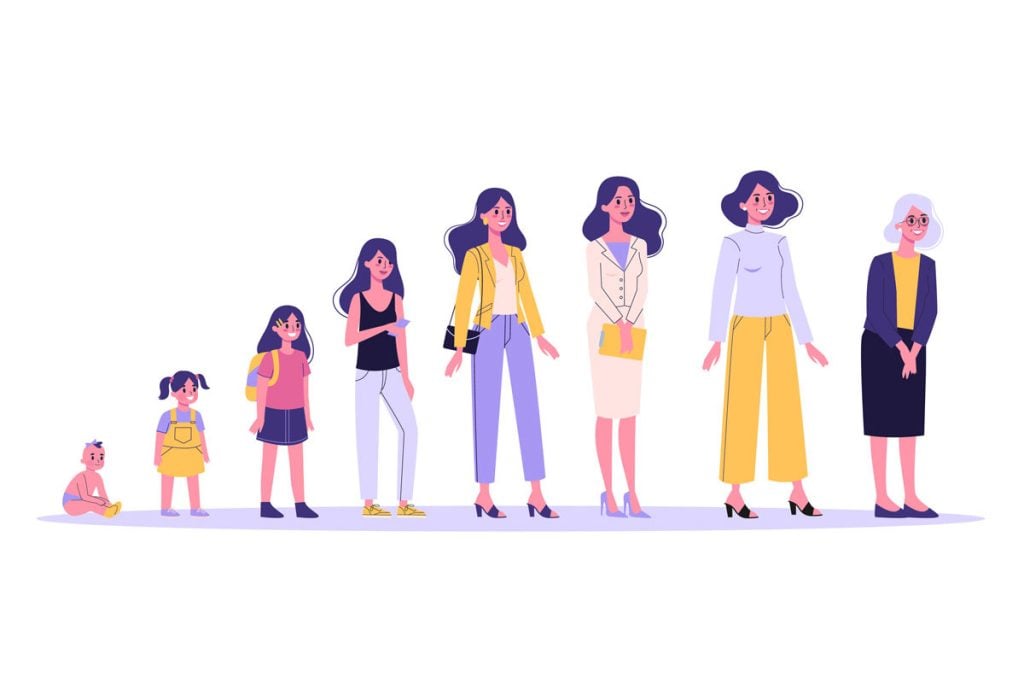 cartoon showing different ages of woman from baby to older age