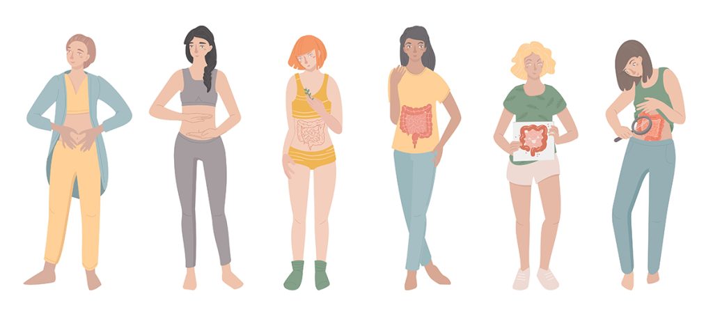Why gut health matters. Your mood and digestion are important. Female characters. Young women. Stomach function. Editable vector illustration in modern style.