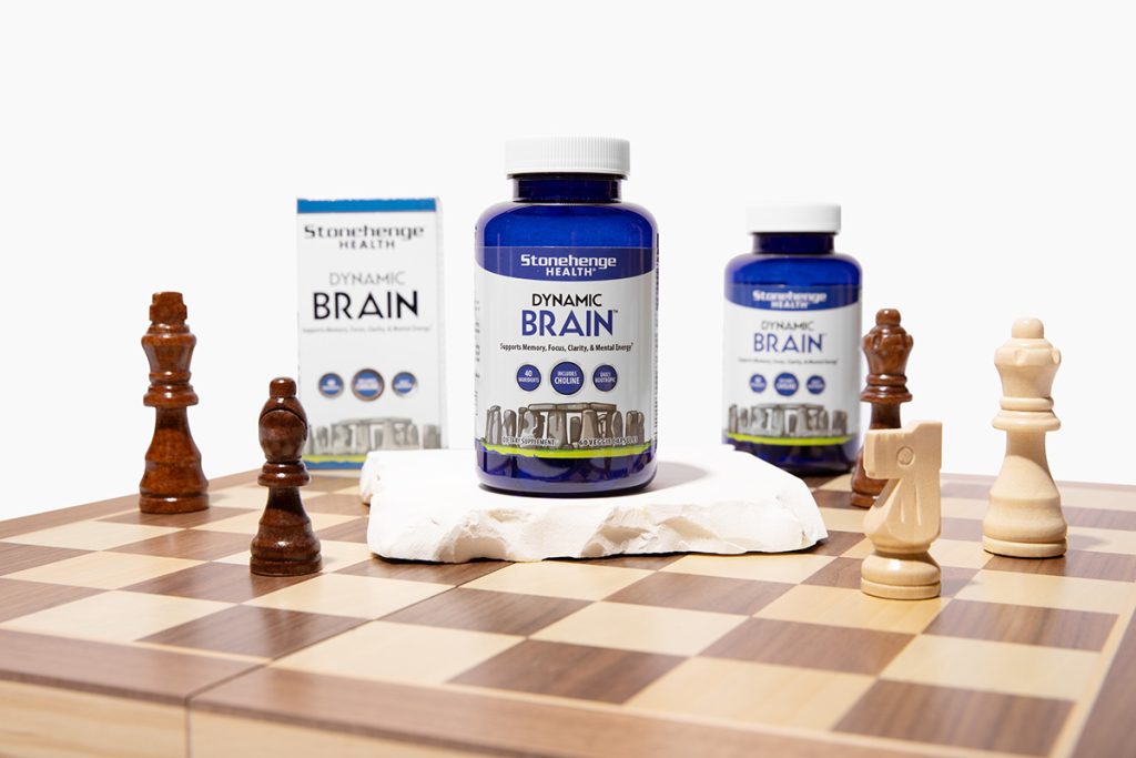 Stonehenge Health Dynamic Brain supplement. Chess board and pieces in background
