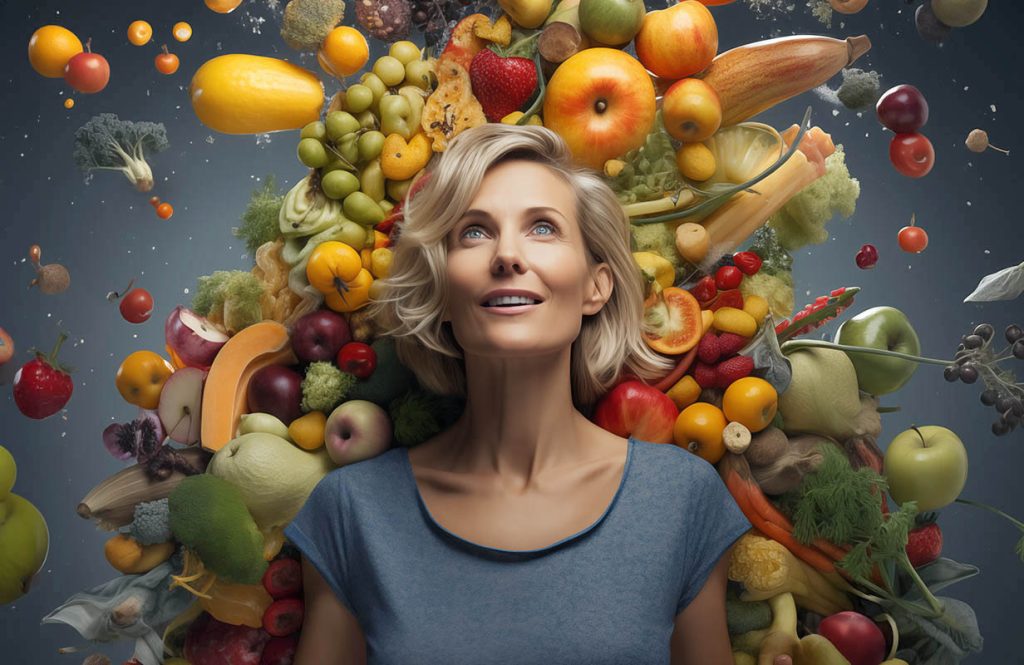 woman with a background of fruits and vegetables