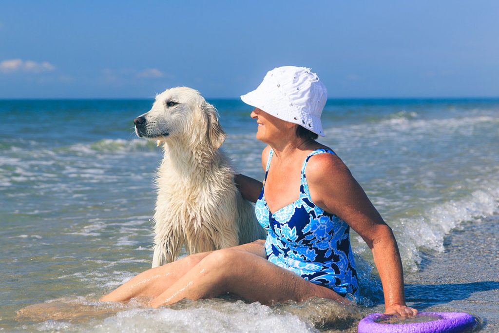 Happy elderly woman playing with her golden retriever on the sea coastline at morning